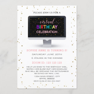 Convites Festa de aniversário Virtual Colorida de Menina E