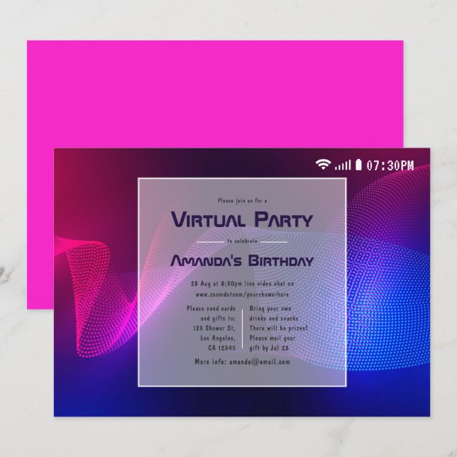 Convites Festa de Aniversário Virtual com Brilho em Rosa In (Frente/Verso)