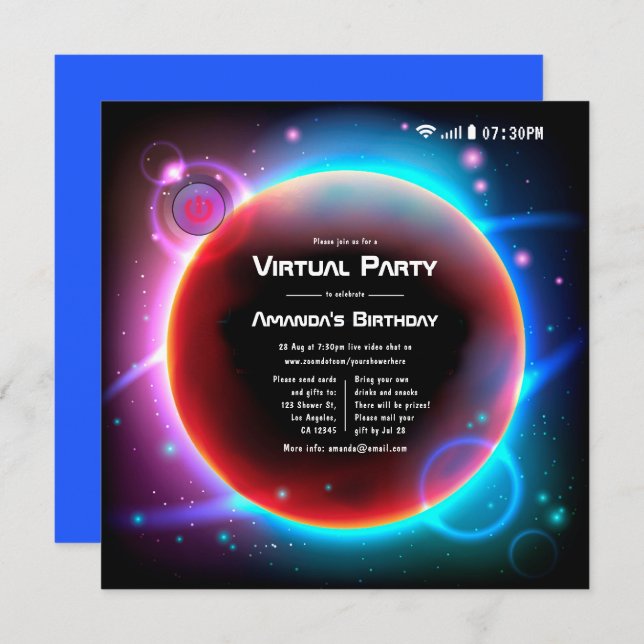 Convites Festa de aniversário Virtual com Temas de Espaço (Frente/Verso)