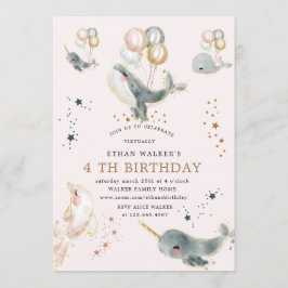 Convites festa de aniversário virtual de baleias e estrelas