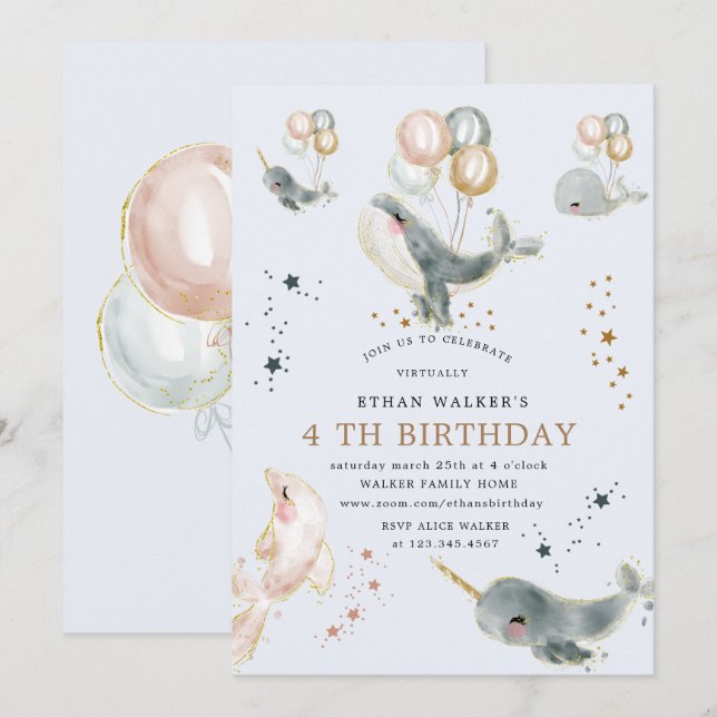 Convites festa de aniversário virtual de baleias e estrelas (Frente/Verso)