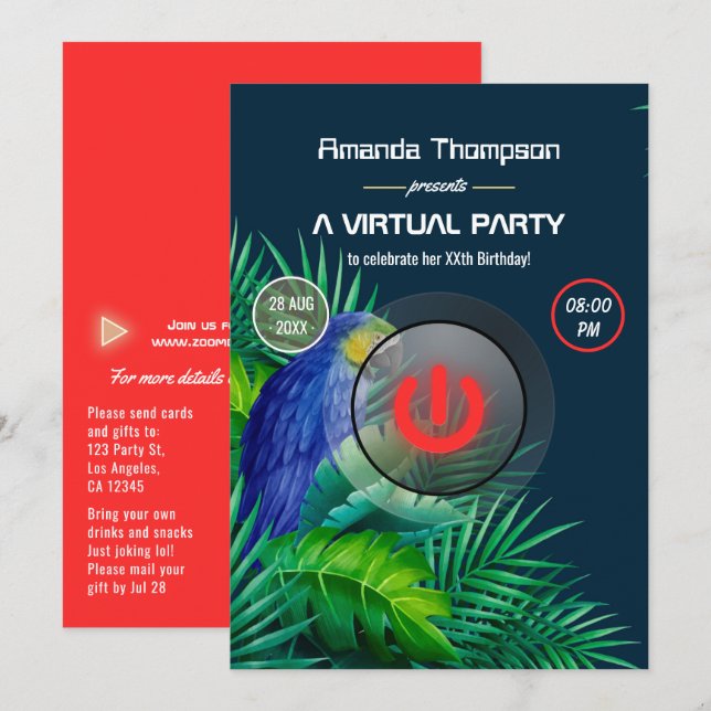 Convites Festa de aniversário Virtual de Papagaio Tropical  (Frente/Verso)