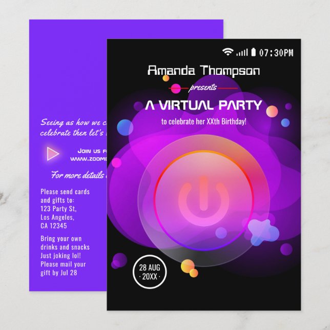 Convites Festa de Aniversário Virtual Glow (Frente/Verso)
