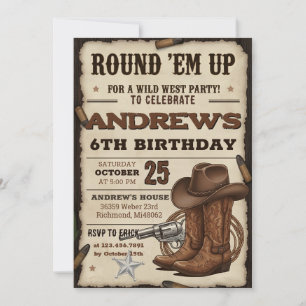 Convites Festa de aniversário western com chapéu de cowboy