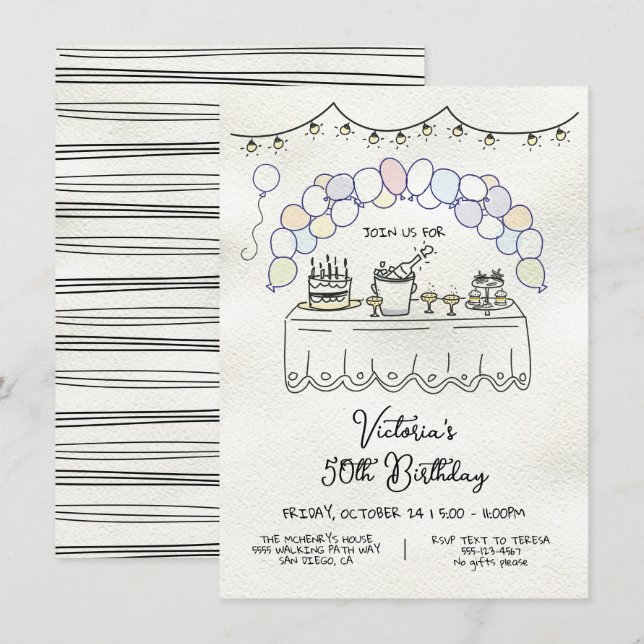 Convites Festa de aniversário Whimsical Adult Desenhada À M (Frente/Verso)