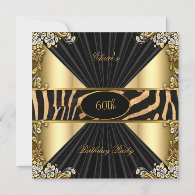Convites Festa de Aniversário Zebra Dourado Creme Leopardo  (Frente)