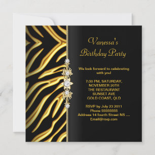 Convites Festa de Aniversário Zebra Dourado Preto Floral