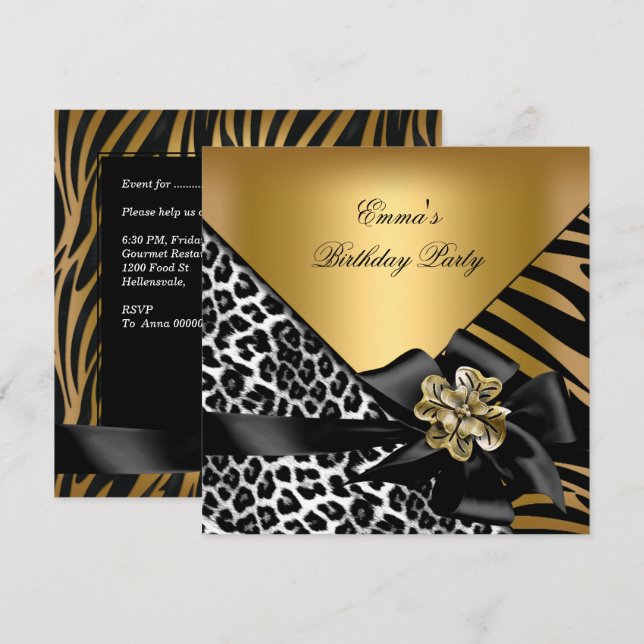 Convites Festa de Aniversário Zebra Leopardo Dourado Elegan (Frente/Verso)