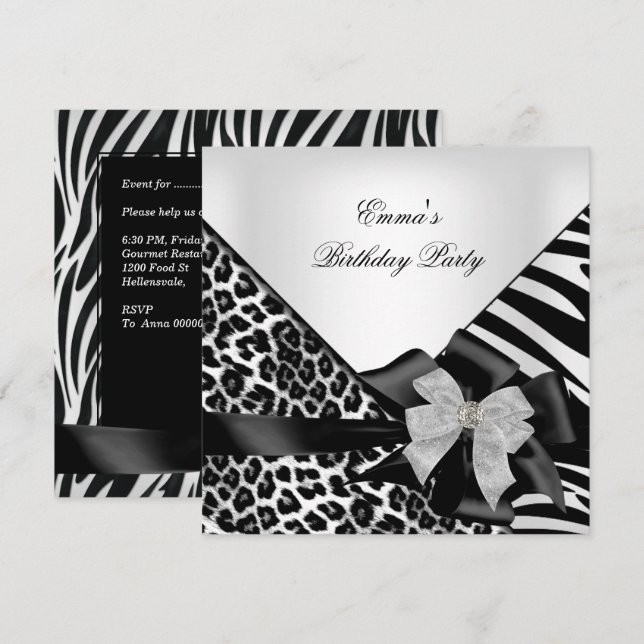 Convites Festa de Aniversário Zebra Leopardo Elegante Preto (Frente/Verso)