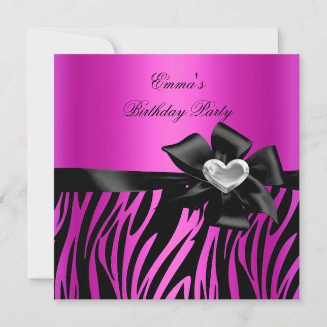 Convites Festa de Aniversário Zebra Prata Rosa Choque Preto (Frente)