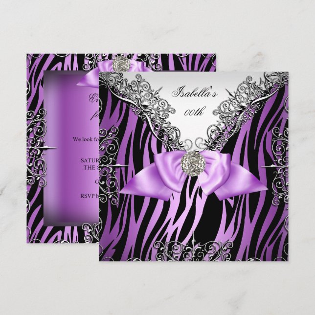 Convites Festa de Aniversário Zebra Roxo Prata Branco Preto (Frente/Verso)