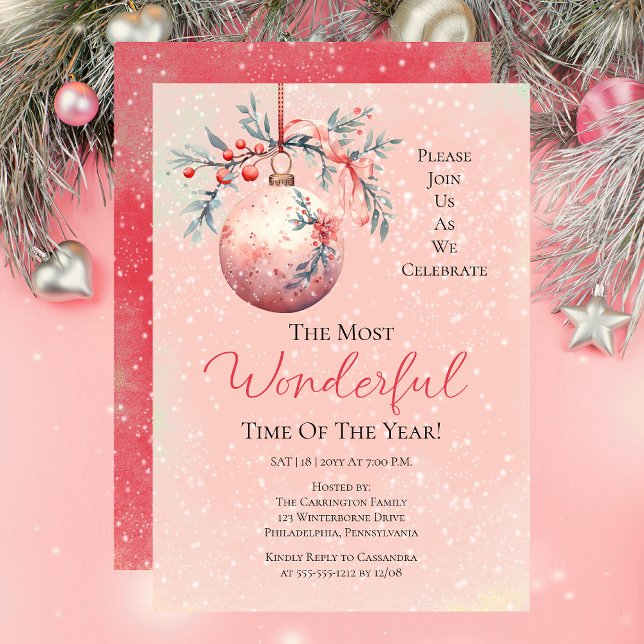 Convites Festa de Ano Mais Maravilhosa, Pink Bauble (Elegant Pink Floral Bauble Most Wonderful Time Year Party Invitation)