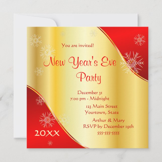 Convites Festa de Ano Novo 2022 sobre ouro e vermelho (Frente)