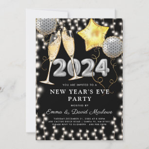Convites Festa de Ano Novo, 2024 Silver Glitter Black