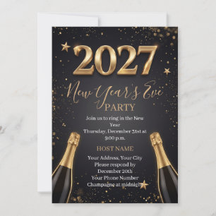 Convites Festa de Ano Novo 2027 Champanhe Black Gold