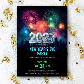 Convites Festa de Ano Novo 2027 com Fogos de Artifício Eleg