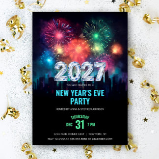 Convites Festa de Ano Novo 2027 Elegante com Fogos de Artif
