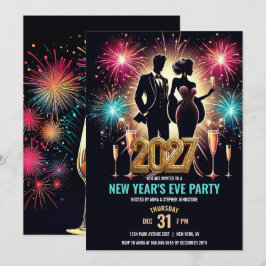 Convites Festa de Ano Novo 2027 Glamurosa com Fogos de Arti