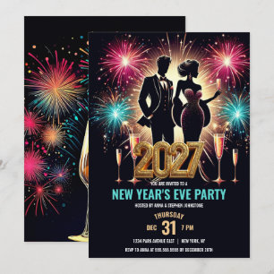 Convites Festa de Ano Novo 2027 Glamurosa com Fogos de Arti