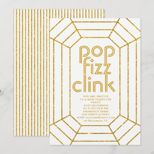 Convites Festa de Ano Novo Art Deco dourado branco pop fizz