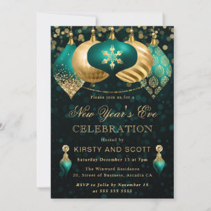 Convites Festa de Ano Novo Azul Turquesa e Dourado Elegante