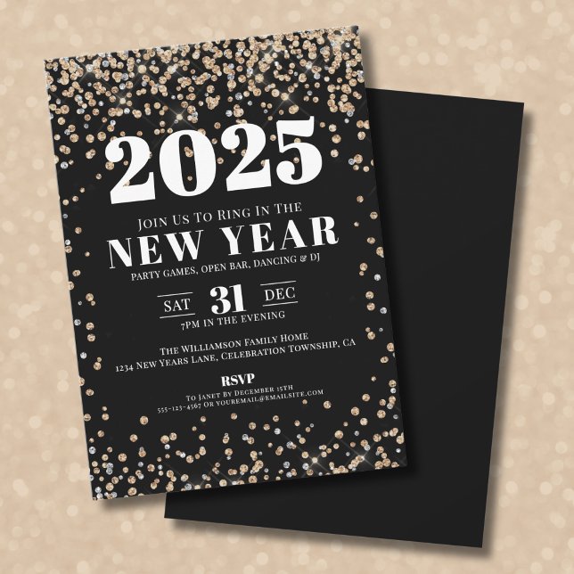 Convites Festa de Ano Novo Black Gold (Black Gold New Year's Eve Party Invitation)