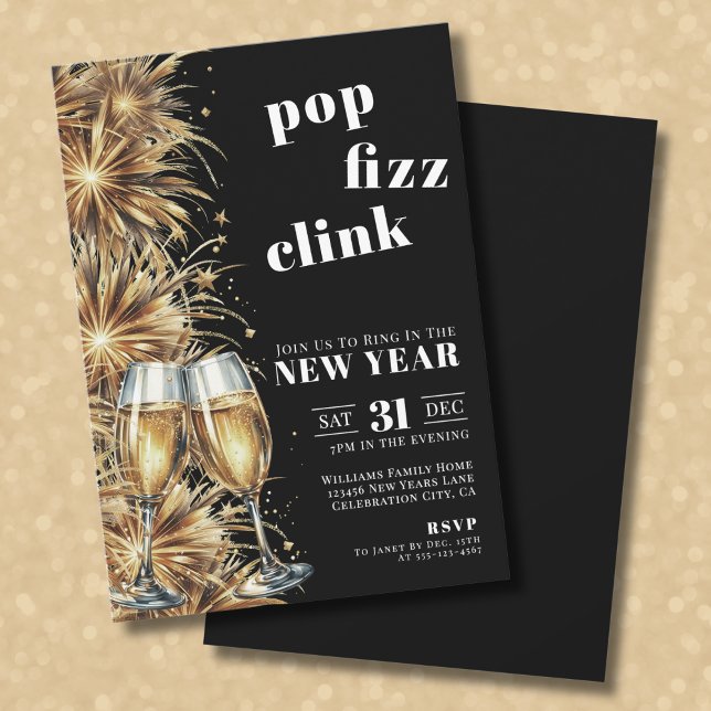 Convites Festa de Ano Novo Black Gold Champagne Pop (Black Gold Champagne Pop New Year's Eve Party Invitation)