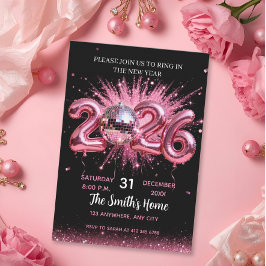 Convites Festa de Ano Novo Chic 2026 Rosa com Brilho Preto