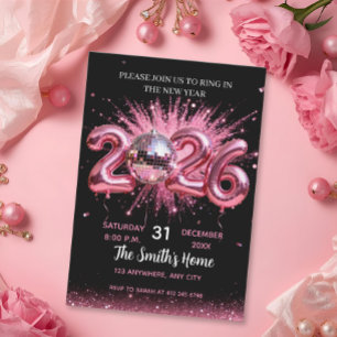 Convites Festa de Ano Novo Chic 2026 Rosa com Brilho Preto 
