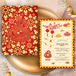 Convites Festa de Ano Novo Chinês 2025 Cobra Floral Ouro Ve