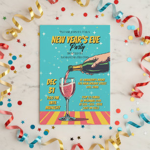 Convites Festa de Ano Novo com Arte Pop Vibrante e Retrô