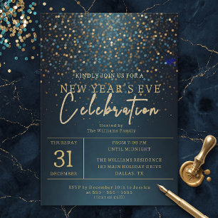 Convites Festa de Ano Novo com Brilho Dourado e Azul-Marinh