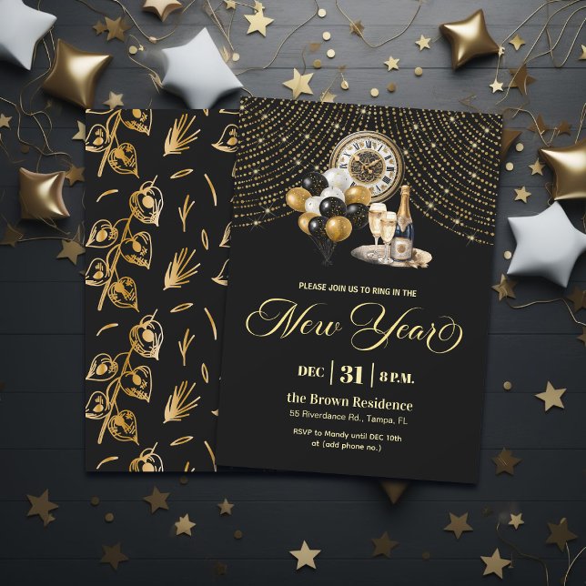 Convites Festa de Ano Novo com Brilho Preto e Dourado (Criador carregado)