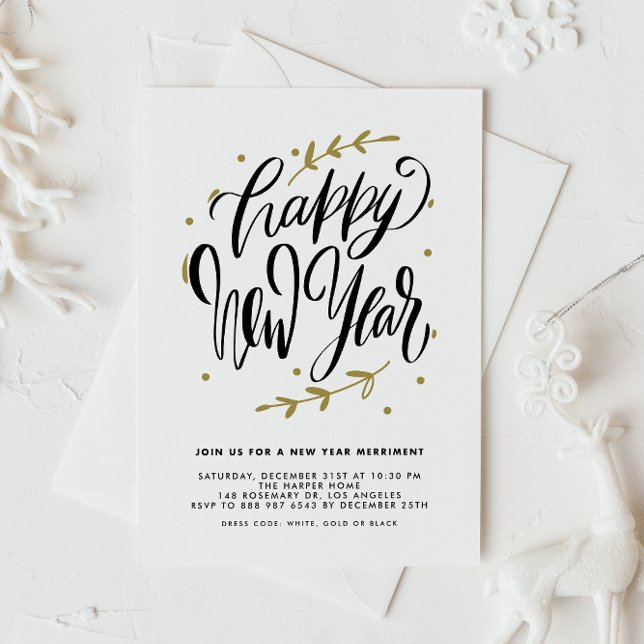 Convites Festa de Ano Novo com Caligrafia Moderna e Grinald (Customizable New Year party invitation featuring modern calligraphy and foliage wreath.)