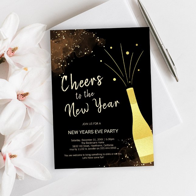 Convites Festa de Ano Novo com Champanhe Gold Elegante (Elegant Gold Champagne New Year Party Invitation)
