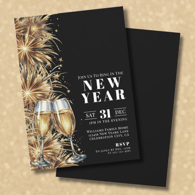 Convites Festa de Ano Novo com Champanhe Ouro Preto Moderno (Modern Black Gold Champagne New Year's Eve Party Invitation)