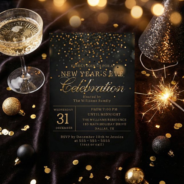 Convites Festa de Ano Novo com Confete Preto e Dourado (Criador carregado)