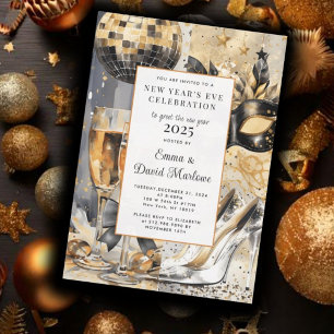 Convites Festa de Ano Novo com Dourada Aquarela