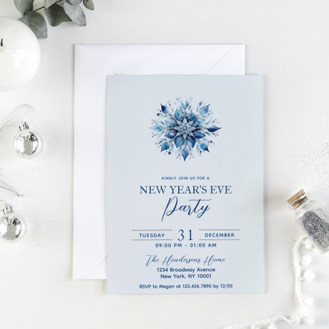 Convites Festa de Ano Novo com Floco de Neve Azul Simples e (Criador carregado)