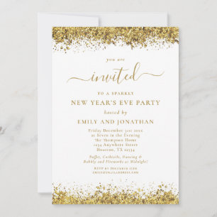 Convites Festa de Ano Novo com Letra Elegante Dourada Brilh