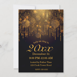 Convites Festa de Ano Novo com luzes de brilho dourado
