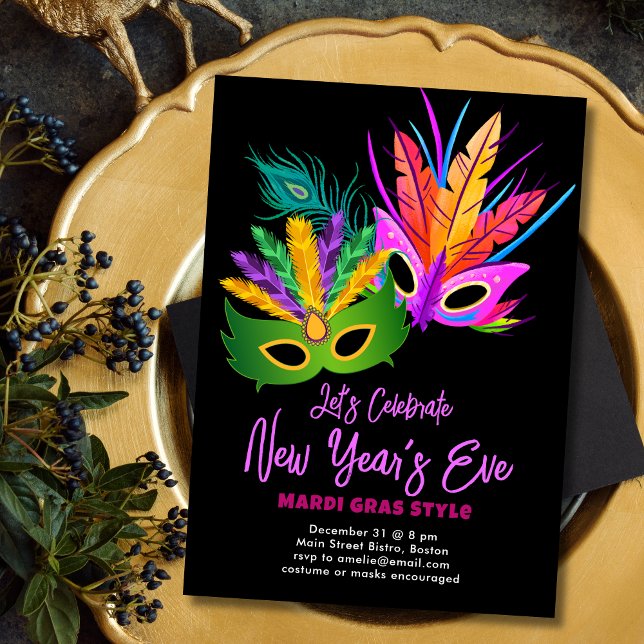 Convites Festa de Ano Novo com Tema Mardi Gras (Criador carregado)