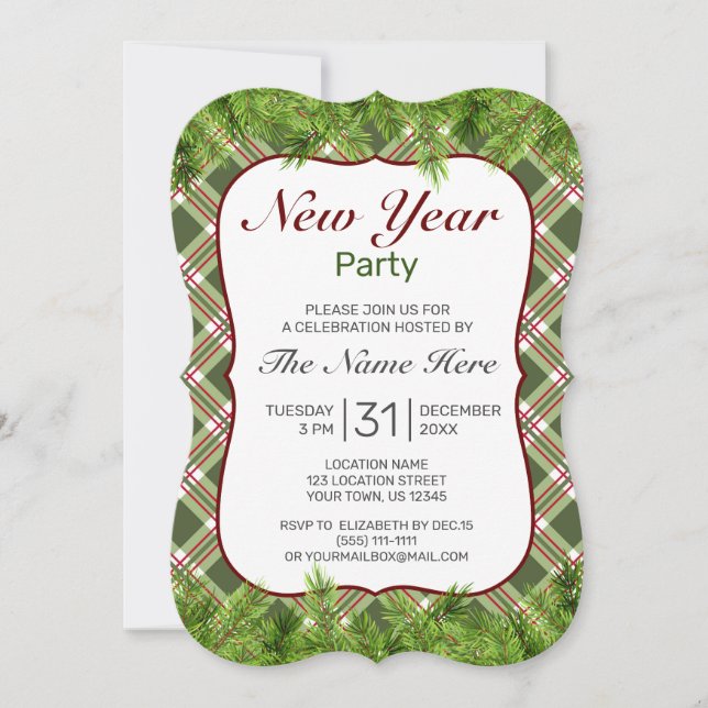 Convites Festa de Ano Novo da Xadrez Vermelha Verde e Filei (Frente)