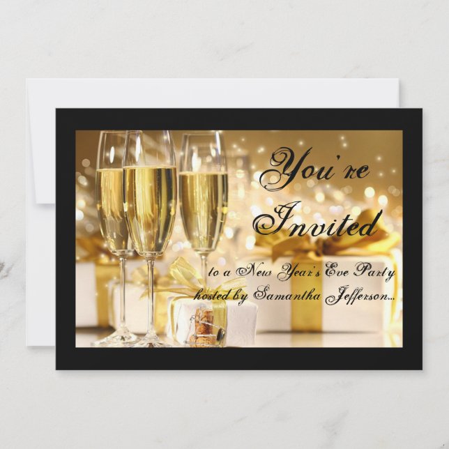Convites Festa de Ano Novo do Champanhe Dourado/Negro (Frente)