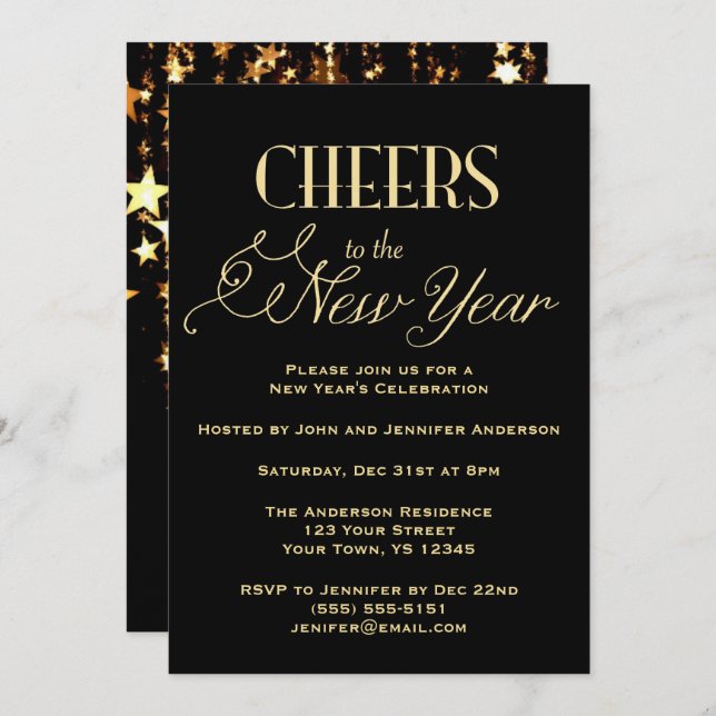 Convites Festa de Ano Novo do Glamor Dourado Negro (Frente/Verso)