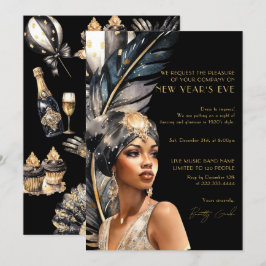 Convites Festa de Ano Novo do Luxury Black Dourado Retro 19