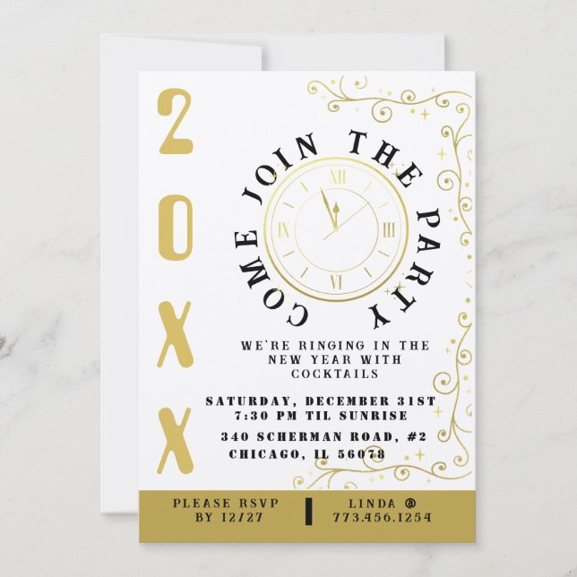 Convites Festa de Ano Novo do Relógio Elegante (Frente)