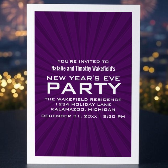 Convites Festa de Ano Novo do Starburst Roxo (Purple Starburst Stripes New Years Party Invite)