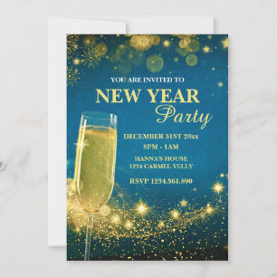 Convites Festa de Ano Novo Elegante em Dourado e Azul