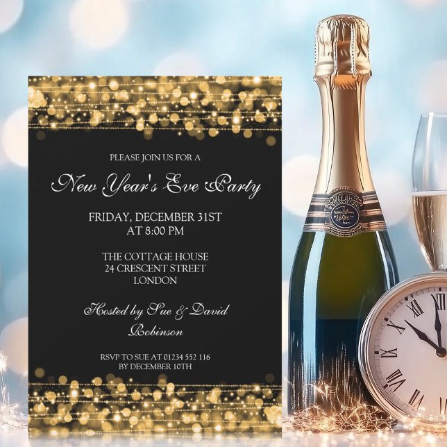 Convites Festa de Ano Novo Elegante Faíscas Dourado (Elegant New Years Eve Party Sparkles Gold Invitation)